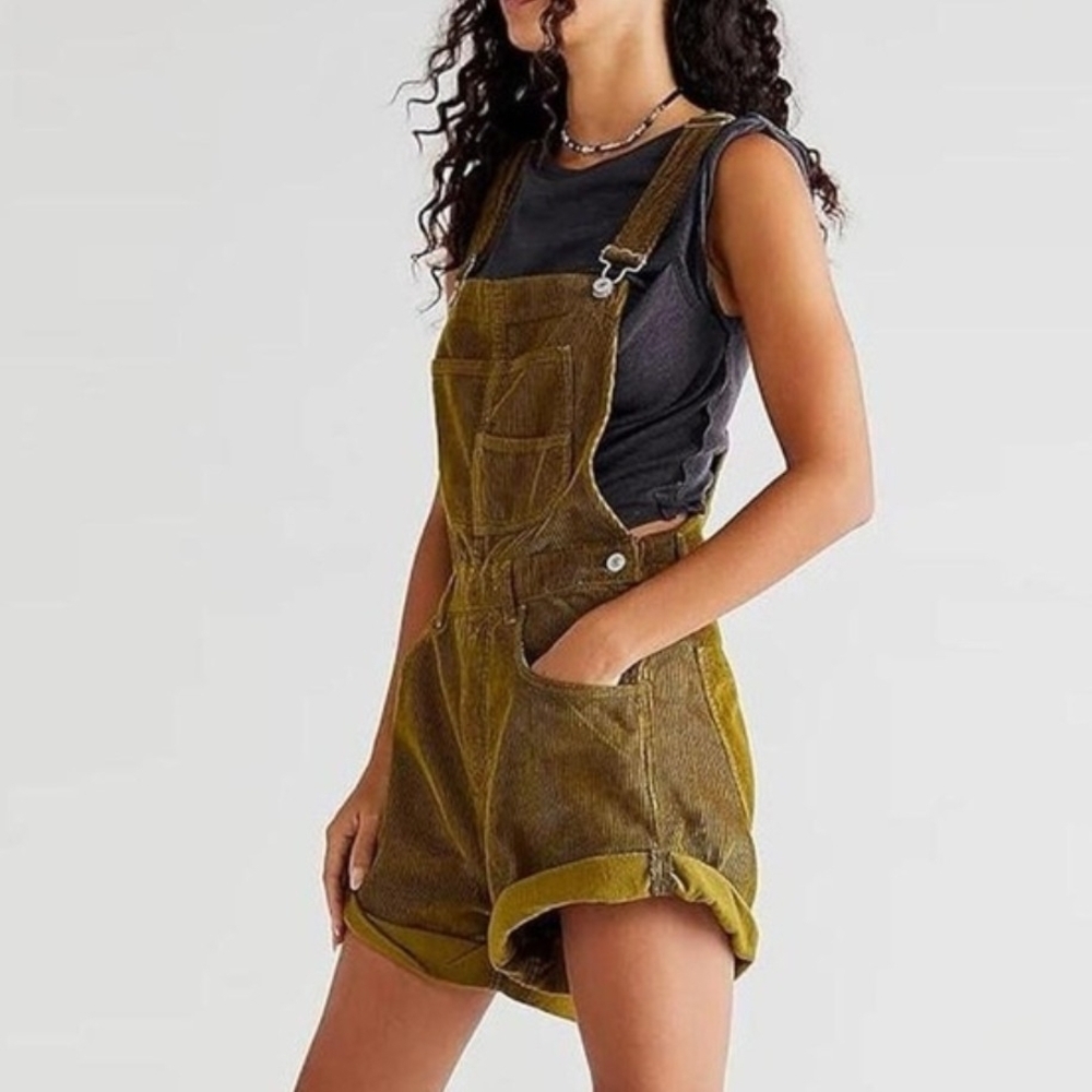 Free People We The Free Ziggy Corduroy Overall Shortalls In Mossy Olive - XS